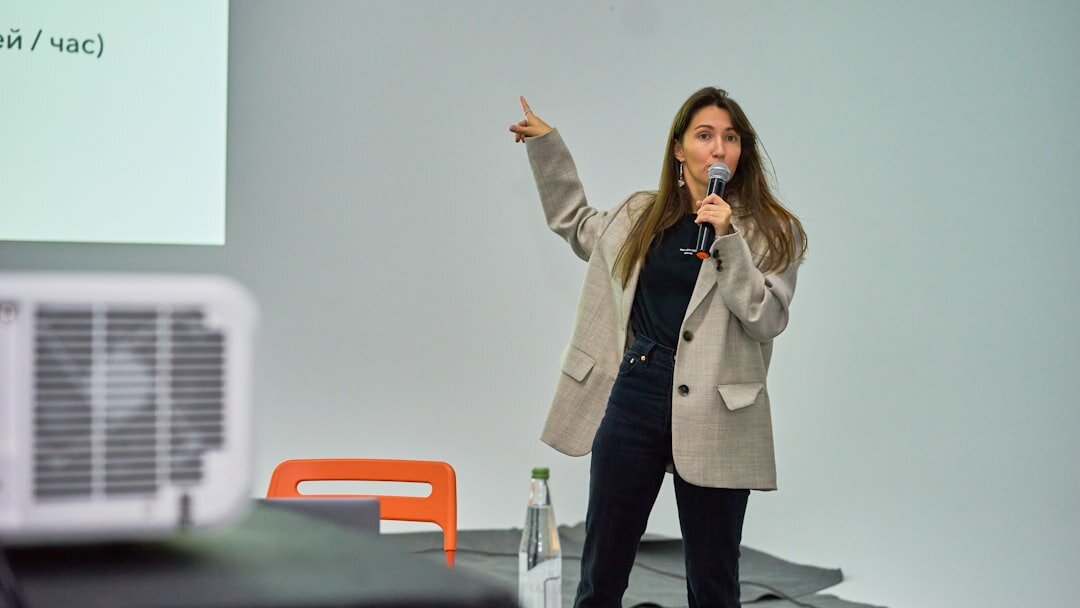 confident speaker on stage